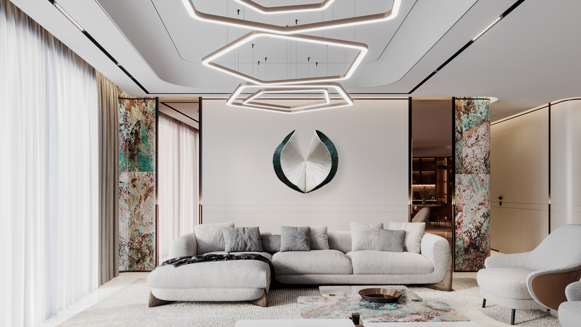 Address Downtown Dubai living room with amazonite stone and bouclé seating