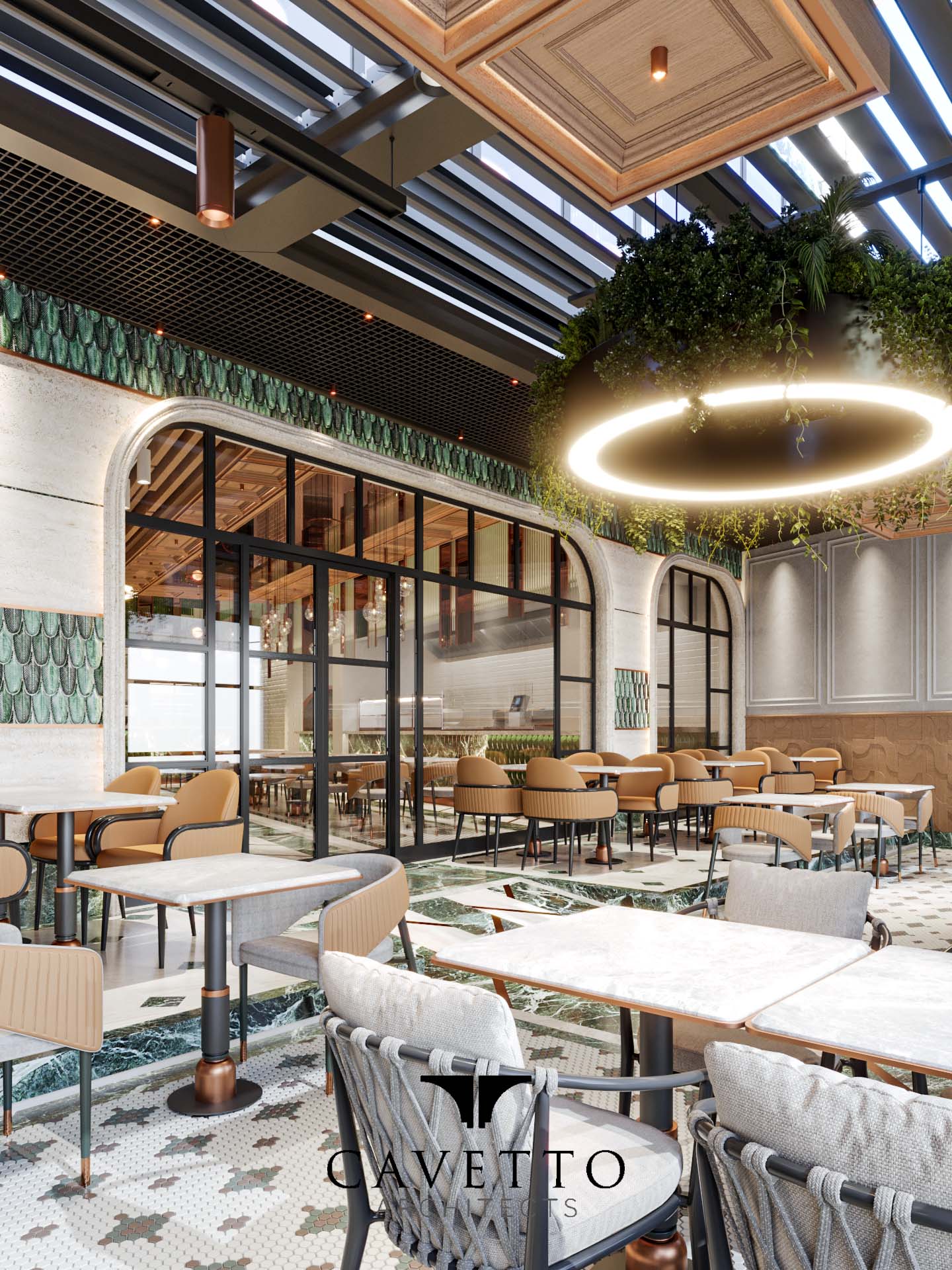 Cavetto under brass ring chandeliers