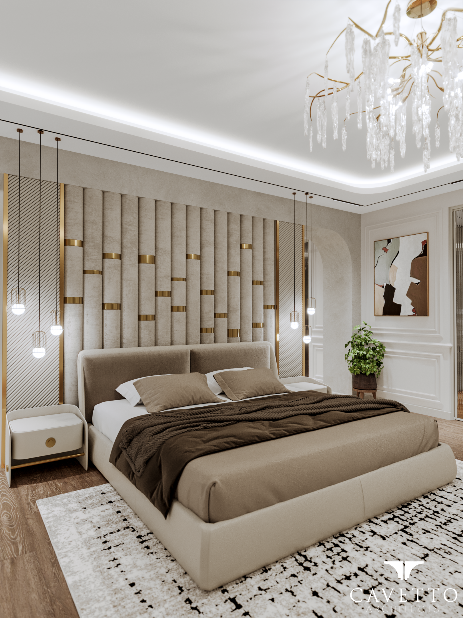 Master suite bedroom with fluted-velvet headboard and brass detailing